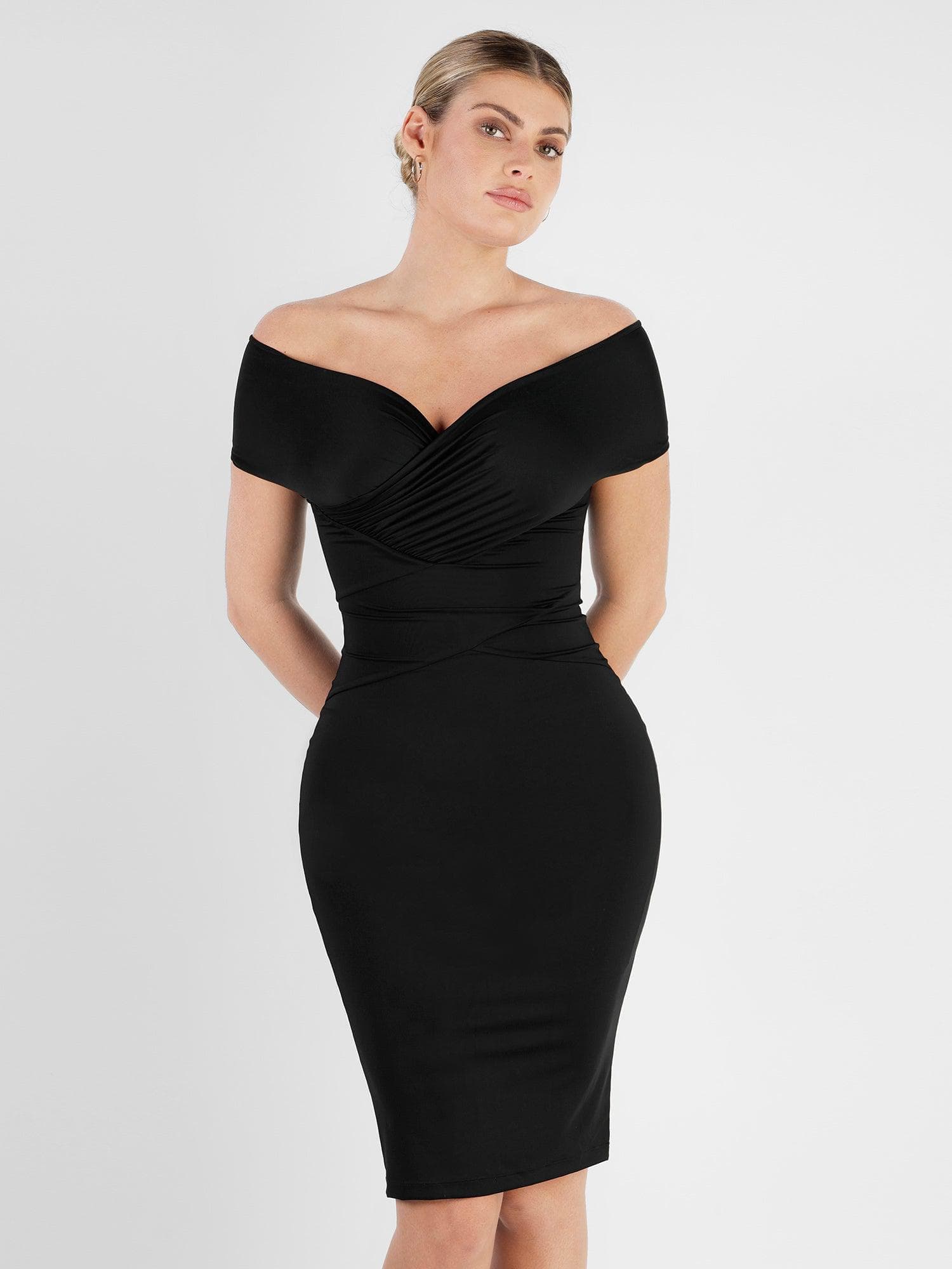The Shapewear Dress Off Shoulder V-Neck Ruched Midi – Popilush®