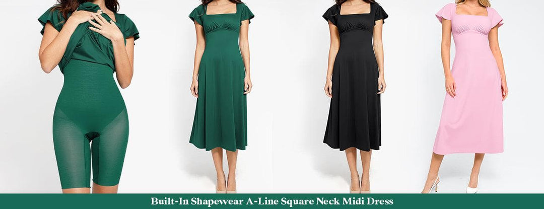 Built-in shapewear A-line square neck midi dress shown in green, black, and pink colors with matching shapewear shorts