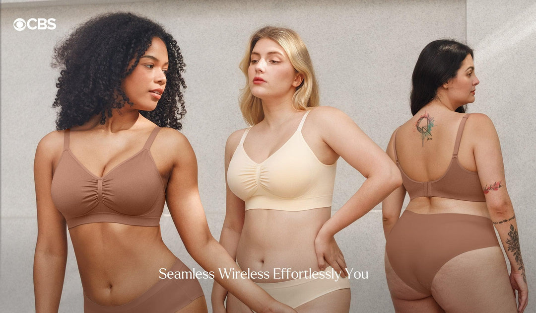 Three diverse women modeling seamless wireless bras in nude and beige tones showing front and back views, with text 'Seamless Wireless Effortlessly You' and CBS logo
