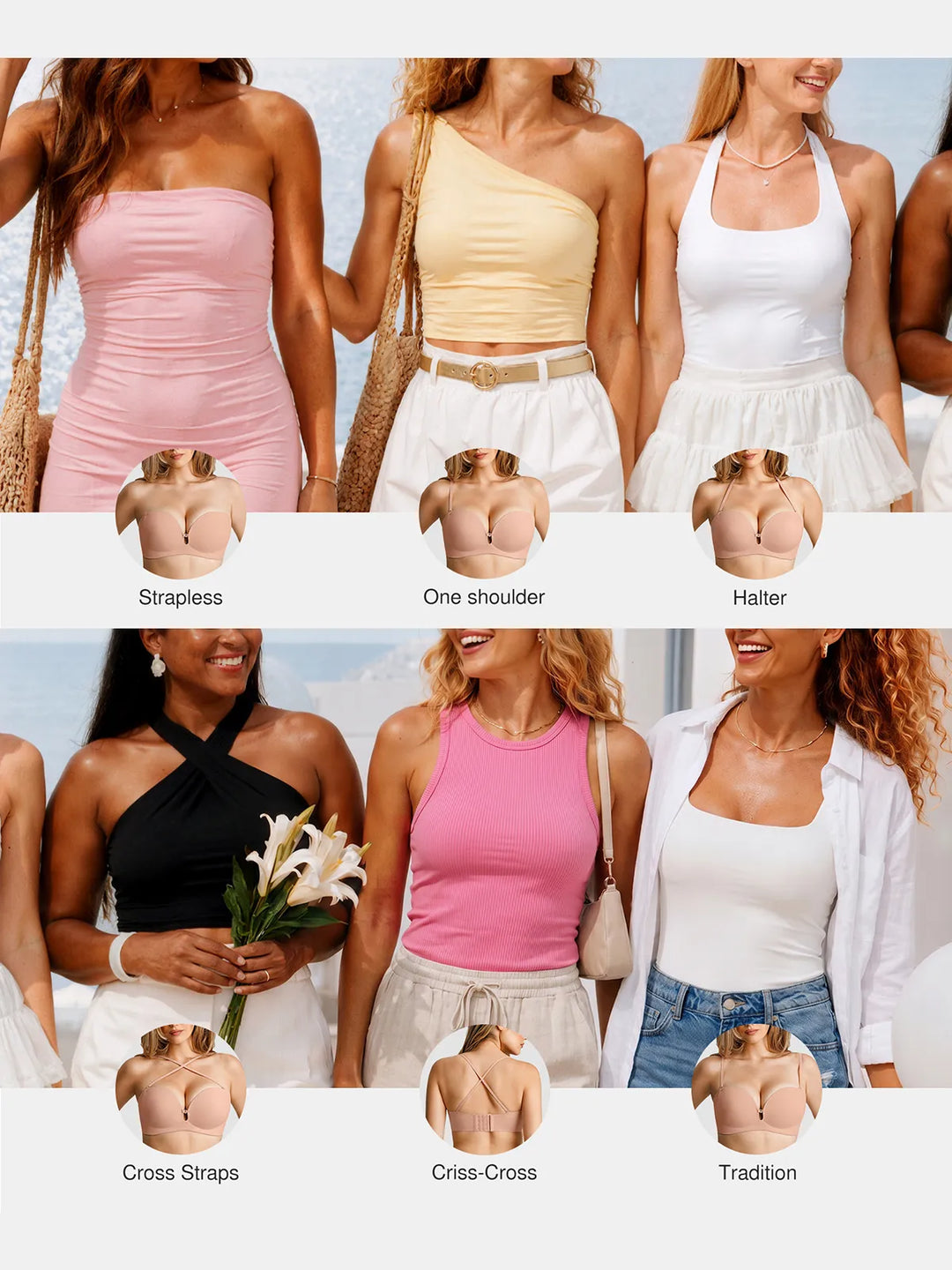 Collage showing six versatile cami top styles paired with matching multi-way convertible bras