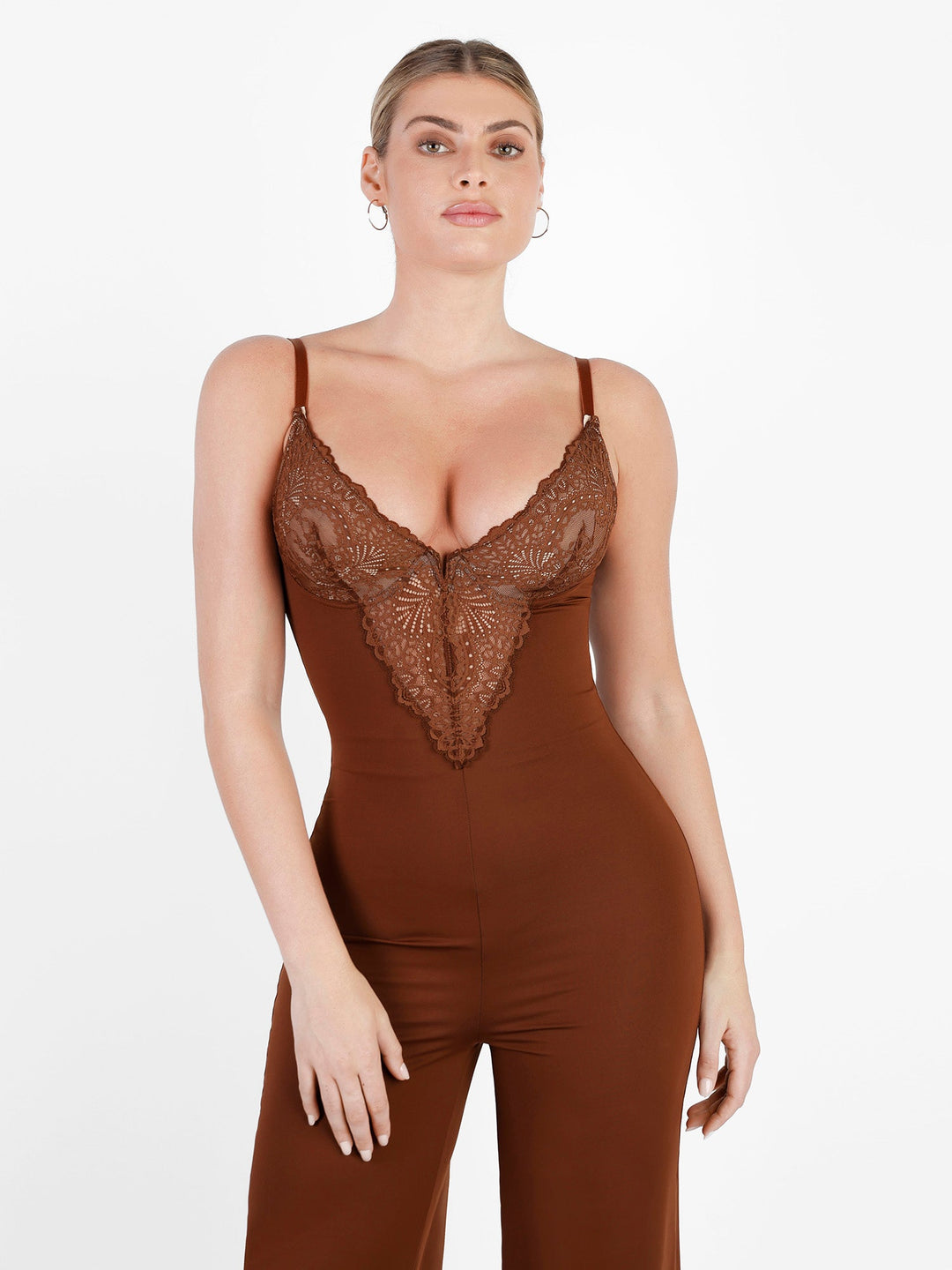 Brown lace-detailed jumpsuit with a fitted design, perfect for stylish and elegant wear img