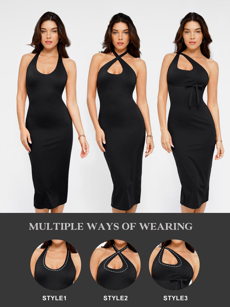 Popilush® Bodycon Summer Dress Low Back Built-In Shapewear Backless Halter Midi Dress