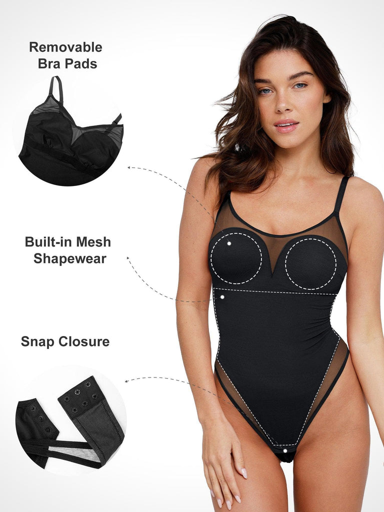 Popilush® Sexy Tops Body Shaper Tank Sheer Mesh Shapewear Cut-Out Bodysuit