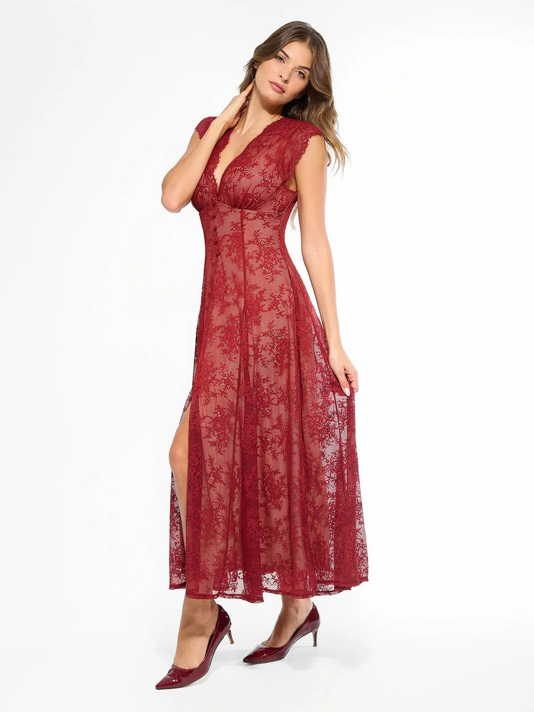Vestido largo con abertura frontal y encaje floral bohemio moldeador