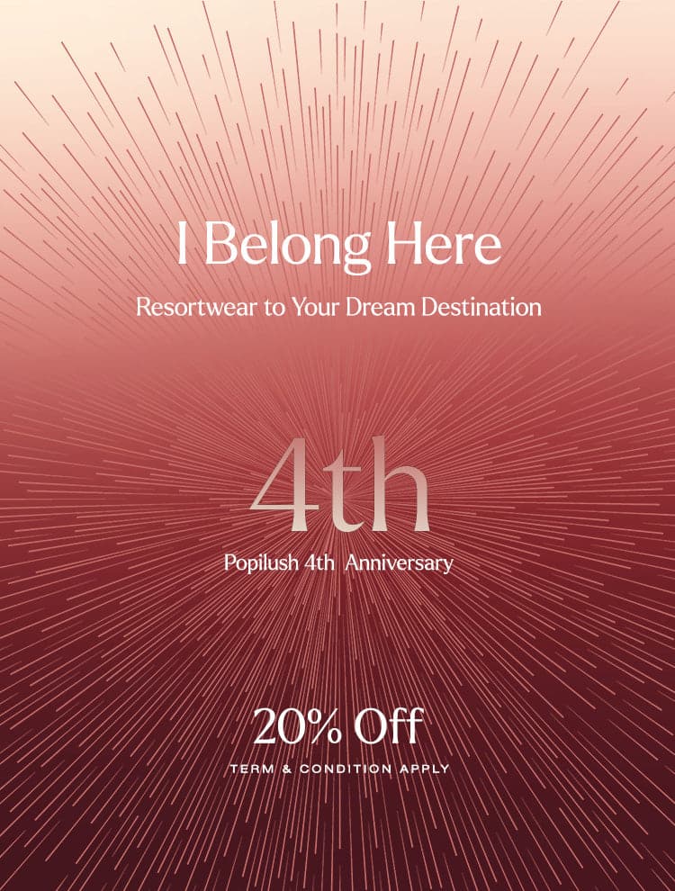 Promotional flyer for Poplush with text 'I Belong Here', '4th Anniversary', and '20% Off' on a red and pink gradient background.