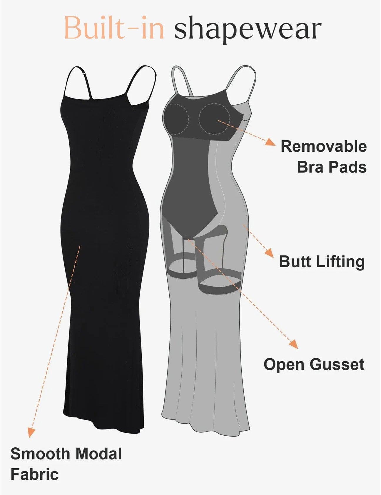 Popilush® Shaping Slip Dress Built-In Shapewear Slip Maxi Lounge Dress