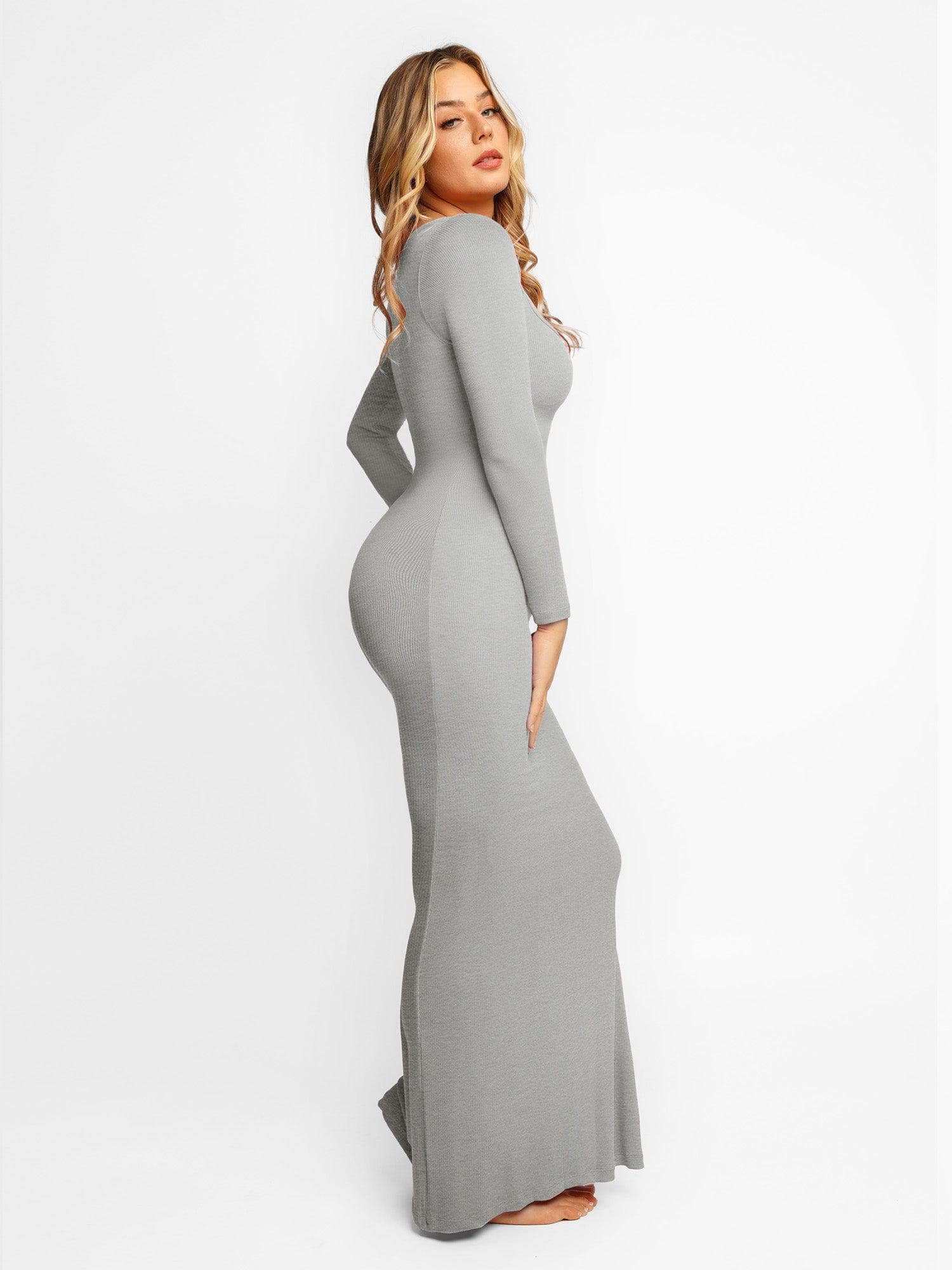 Popilush® Square Neck Bodycon Maxi Long Dress The Shapewear Dress Long Sleeve Maxi