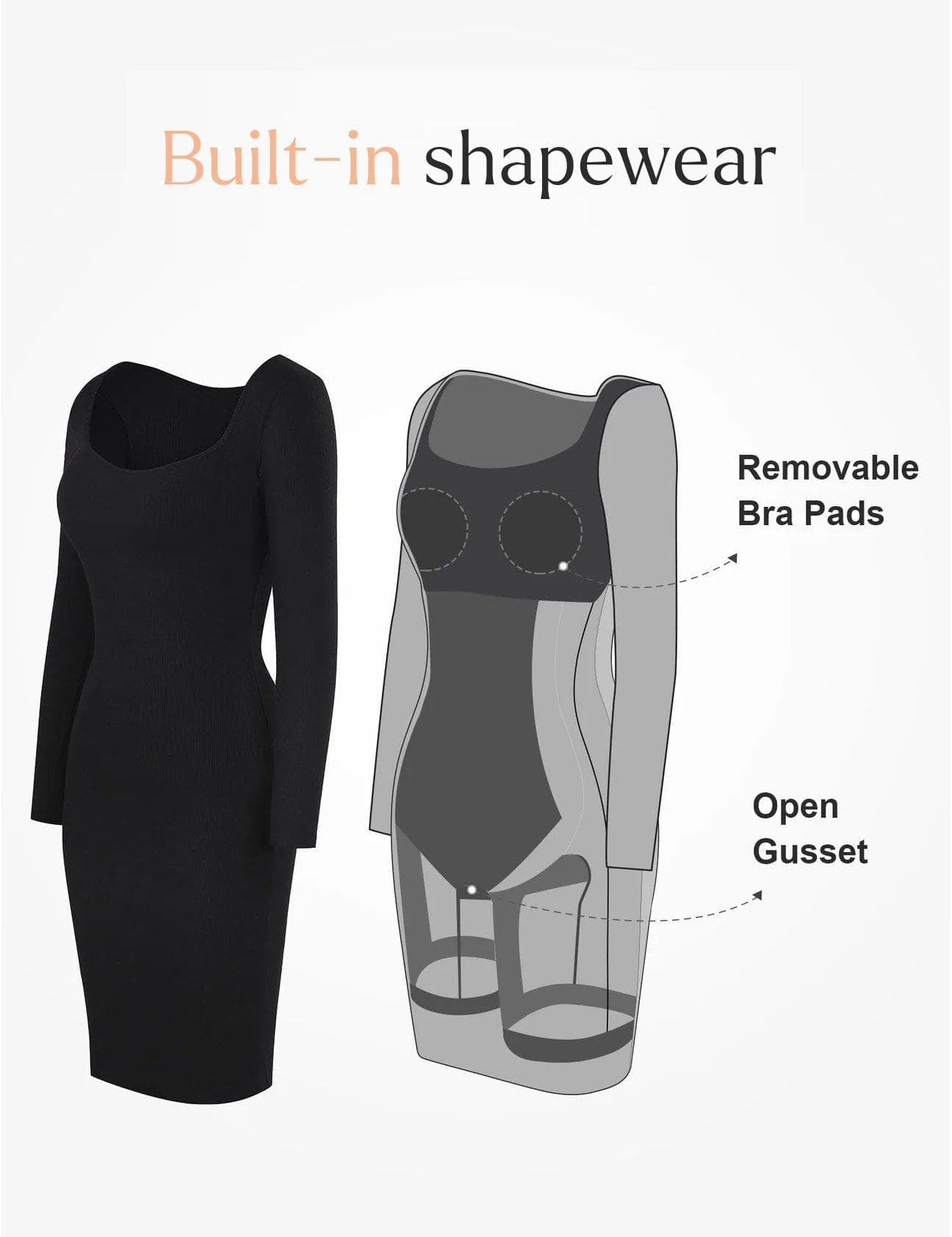 Popilush® Bodycon Short Dress Built-In Shapewear Long Sleeve Midi Lounge Dress