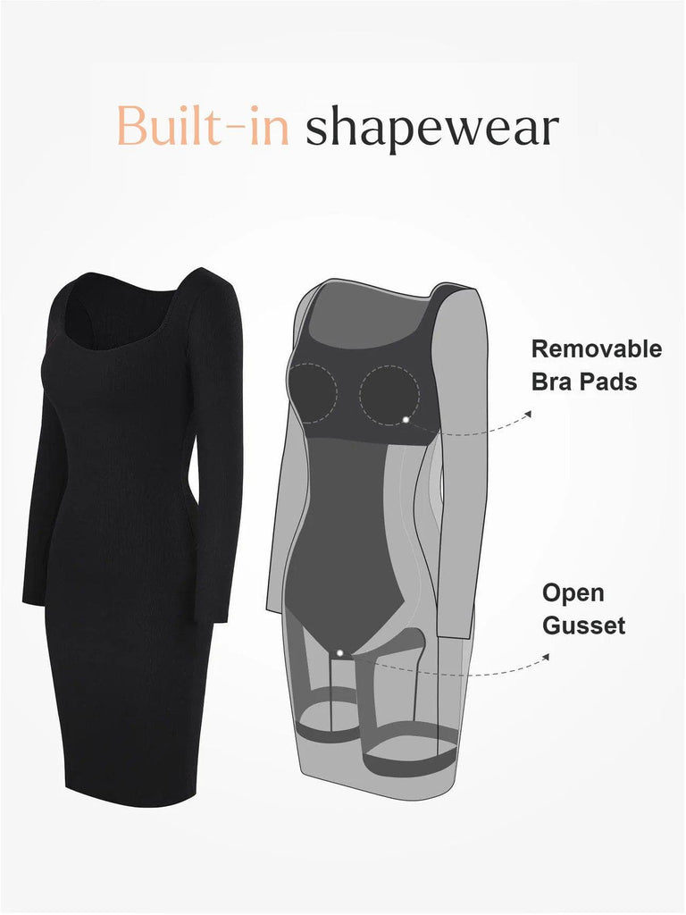 Popilush® Bodycon Short Dress Built-In Shapewear Long Sleeve Midi Lounge Dress