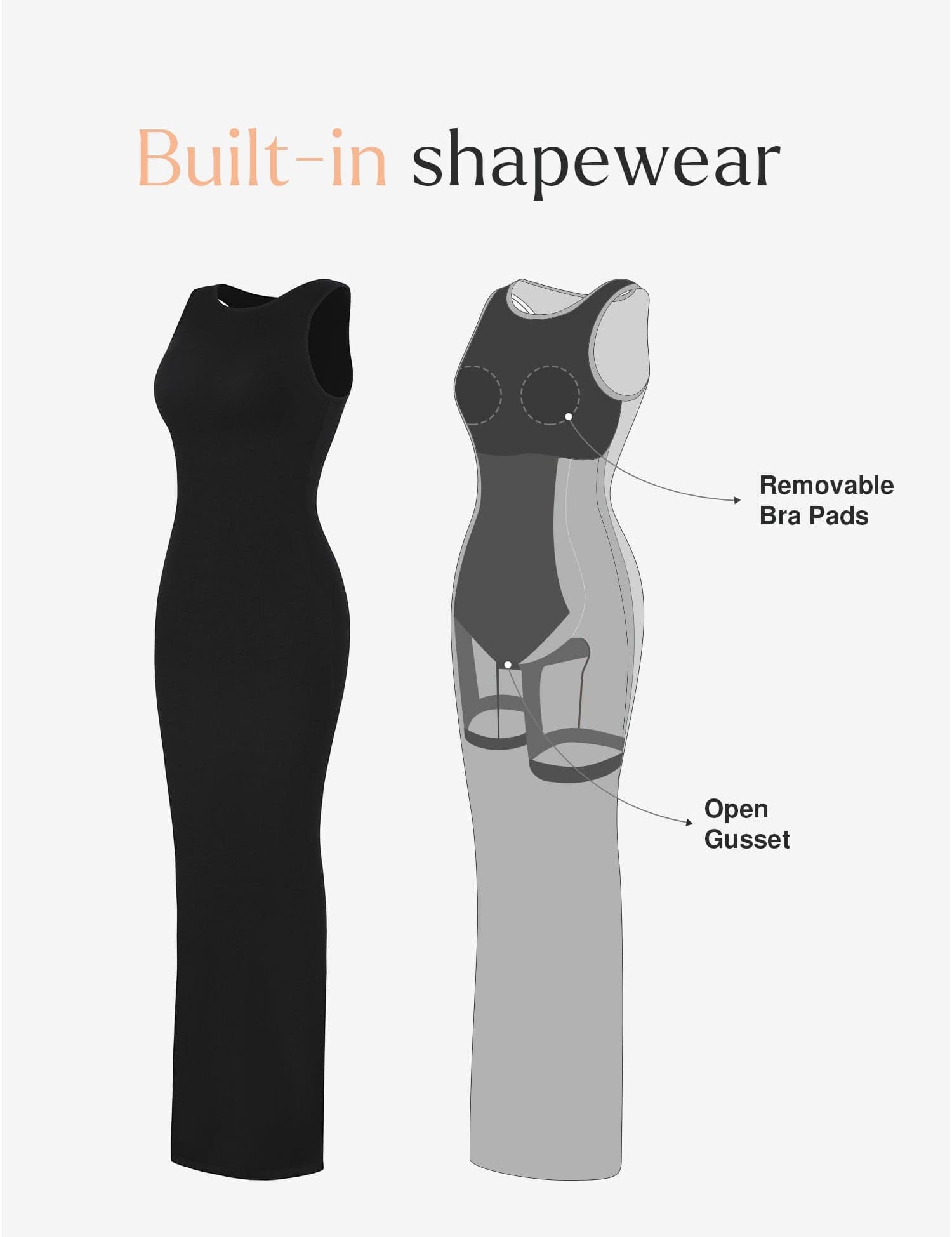 Popilush® Bodycon Summer Dress Built-In Shapewear Crew Neck Sleeveless Maxi Lounge Dress