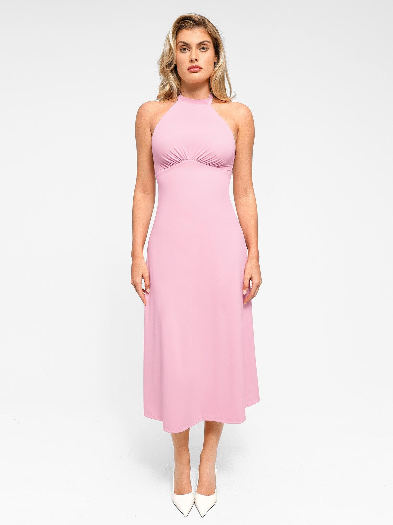 Popilush® Bodycon Summer Dress Low Back Built-In Shapewear Halter A-Line Sleeveless Midi Dress