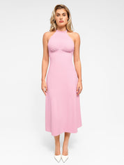 Popilush® Bodycon Summer Dress Low Back Built-In Shapewear Halter A-Line Sleeveless Midi Dress