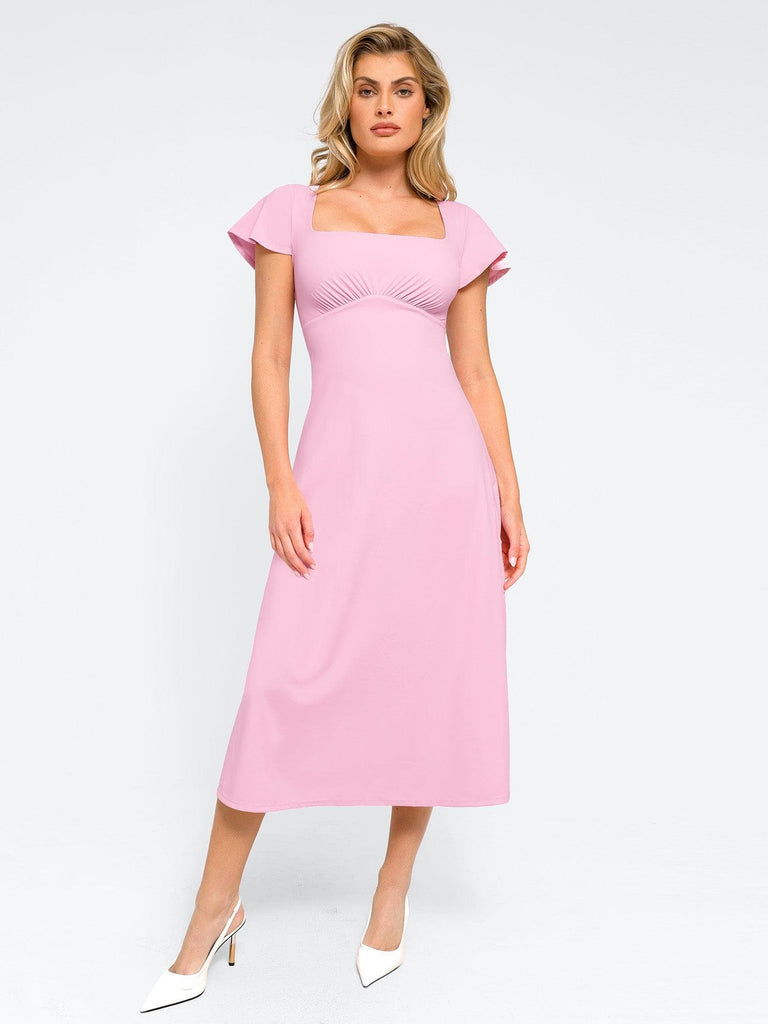 Popilush® Casual Daily Dress Square Neck / Baby Pink / XS Built-In Shapewear A-Line Midi Dresses