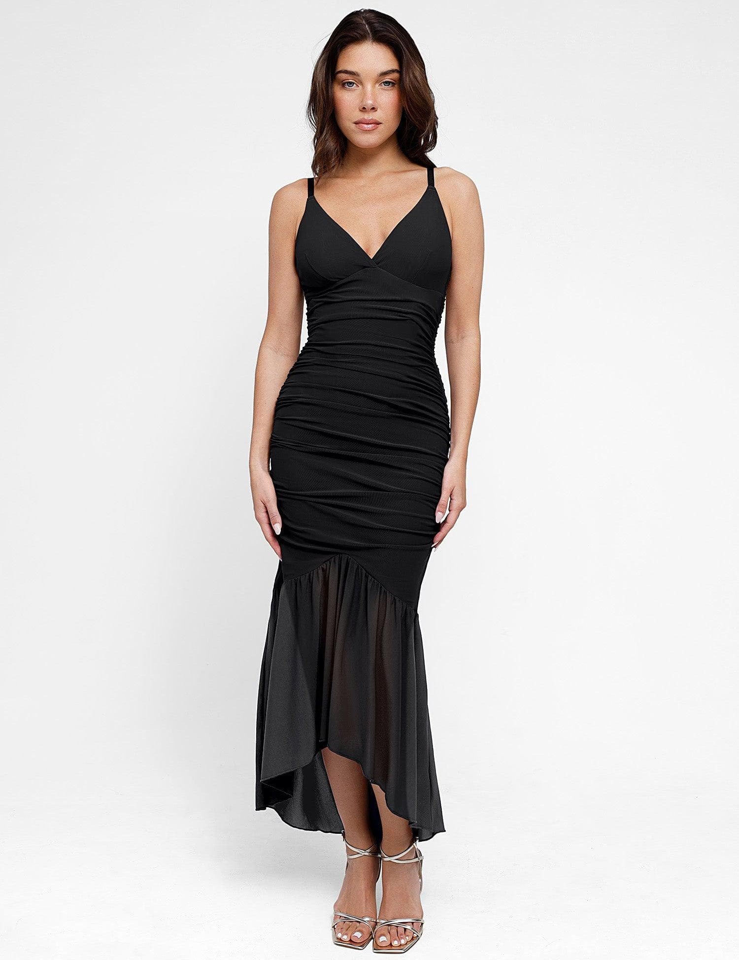 Popilush® Bodycon Shaping Slip Dress Summer Built-In Shapewear Ruched Sheer Mesh Maxi Dress