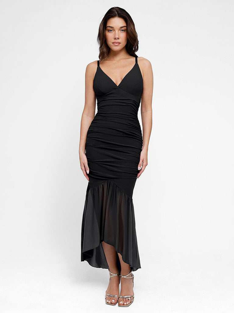 Popilush® Bodycon Shaping Slip Dress Summer Built-In Shapewear Ruched Sheer Mesh Maxi Dress