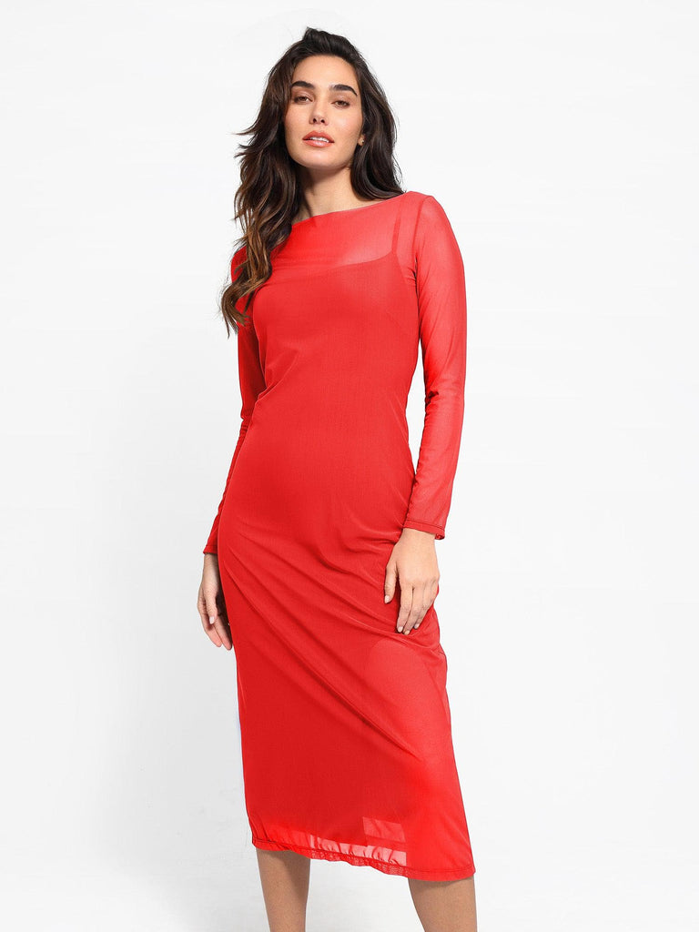 Popilush® Formal Bodycon Party Summer Dress Red / S Built-In Shapewear Sheer Mesh Slip Split Midi Dress Set