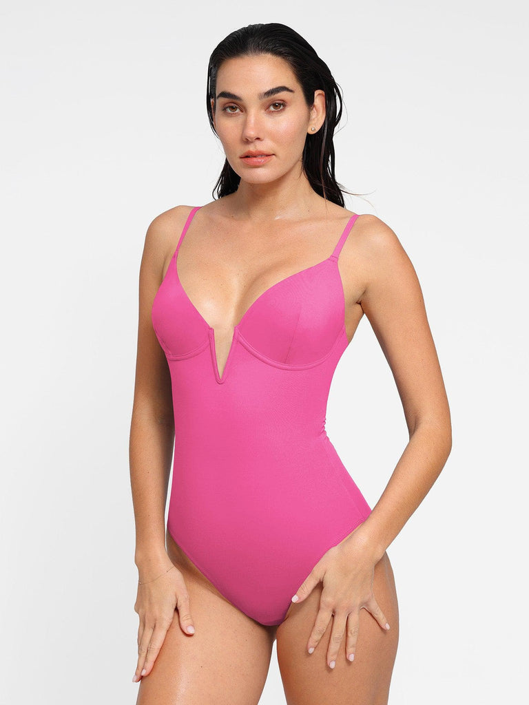Popilush® Tummy Control Slimming Swimwear Pink / XS Deep V-Neck One-Piece Shapewear Low-Back Swimsuit