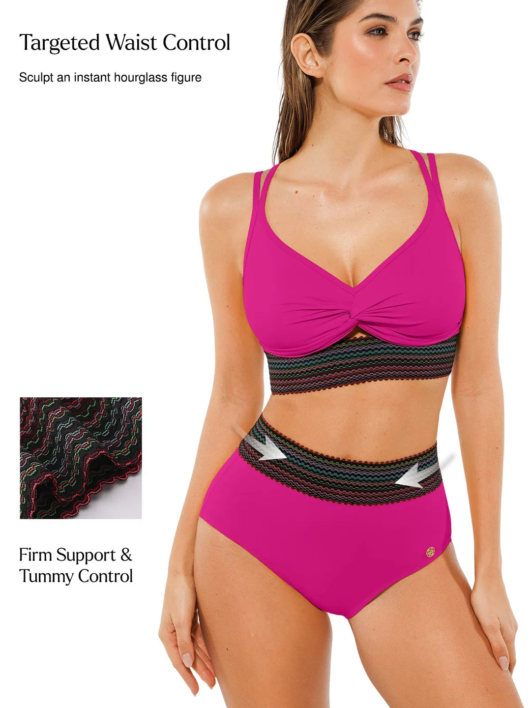 Boho Trim High Waist Tummy Control Bikini Set