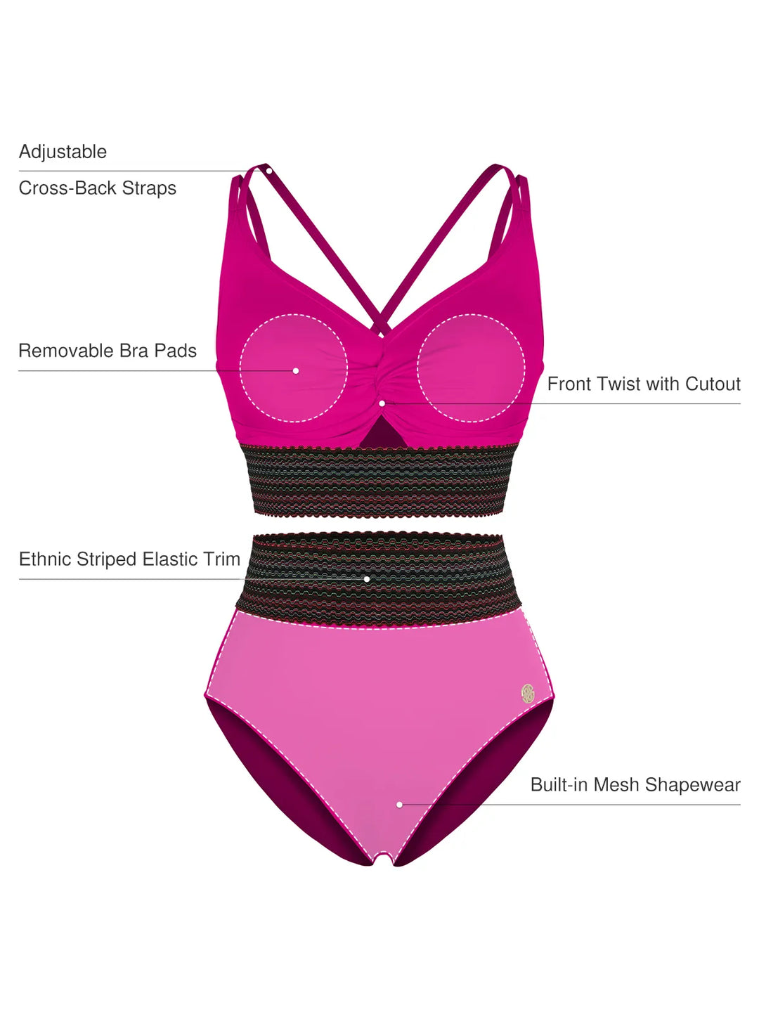 Boho Trim High Waist Tummy Control Bikini Set