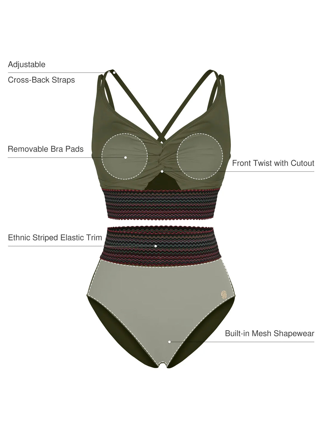 Boho Trim High Waist Tummy Control Bikini Set