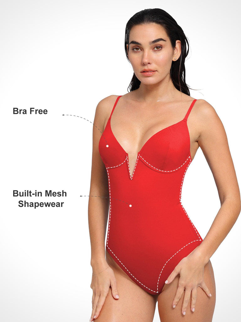 Popilush® Tummy Control Slimming Swimwear Deep V-Neck One-Piece Shapewear Low-Back Swimsuit