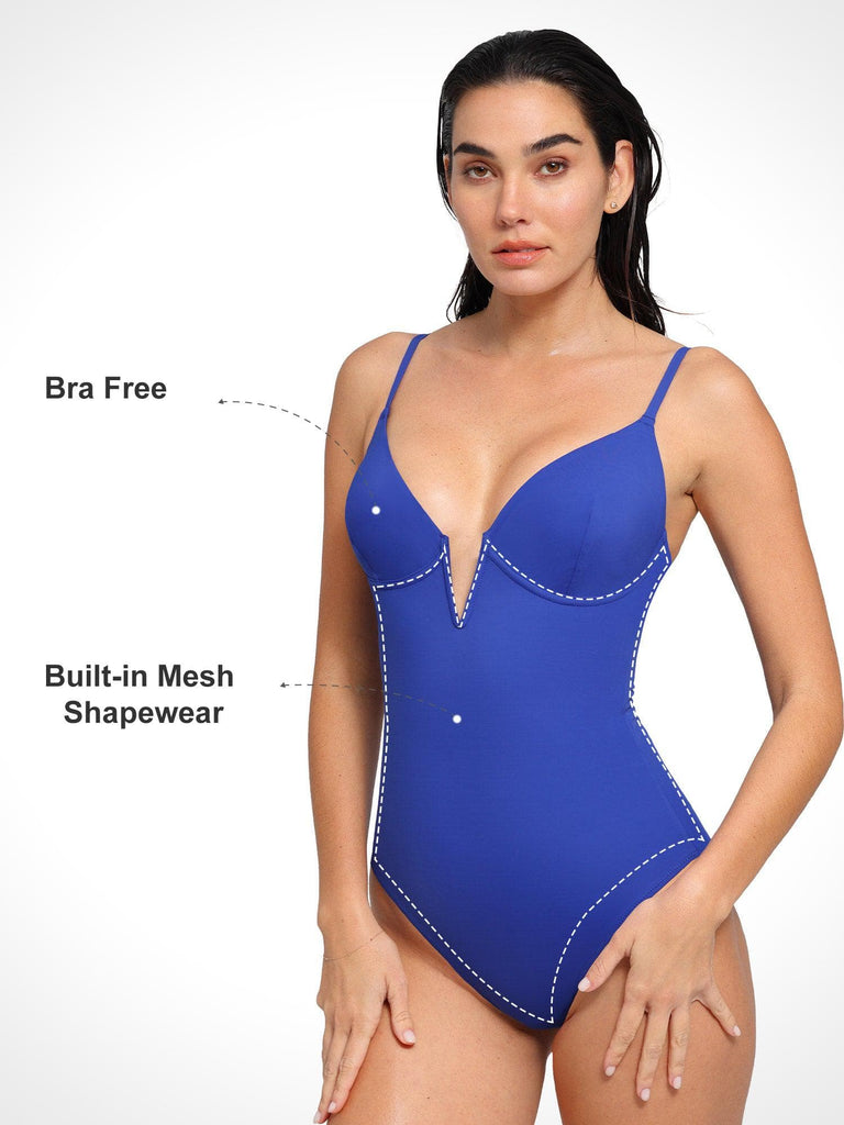 Popilush® Tummy Control Slimming Swimwear Built-In Shapewear V-Neck Low-Back Swimsuits