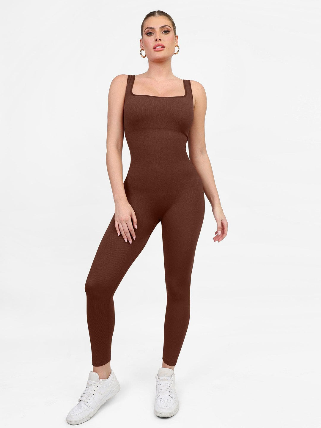 Brown jumpsuit by Popilush® with square neck, perfect for active lifestyle