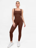 Brown jumpsuit by Popilush® with square neck, perfect for active lifestyle