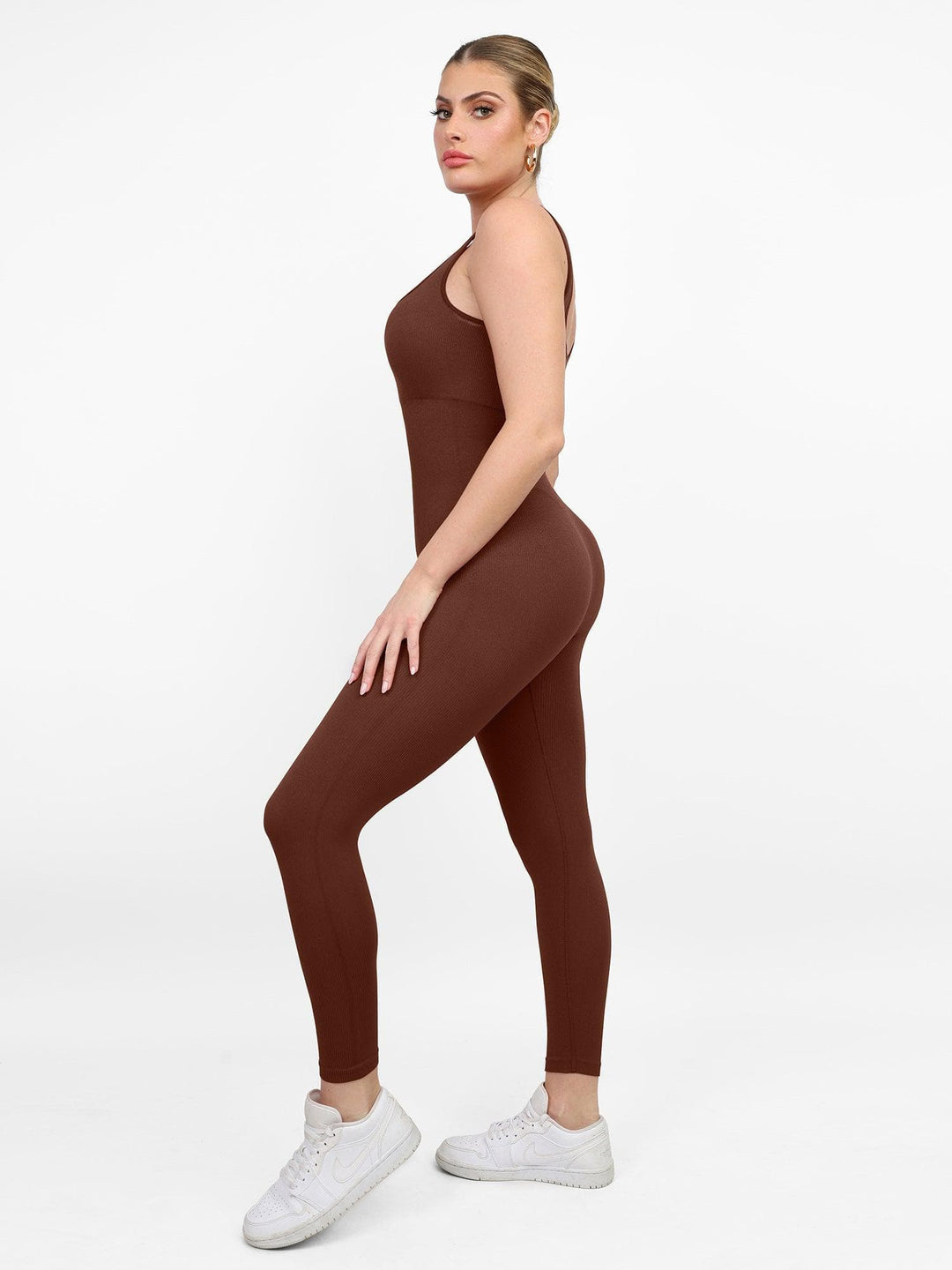 Popilush® sport jumpsuit, a breathable and comfortable shapewear jumpsuit for women, in brown color.