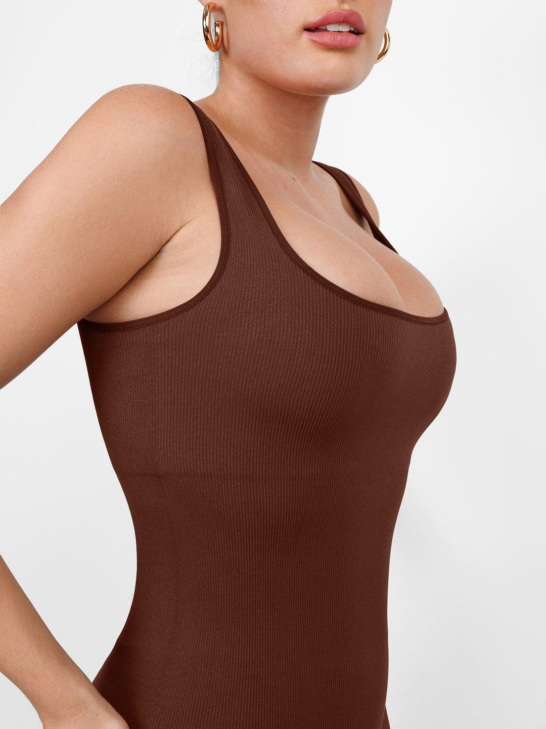 Popilush® brown square neck bodysuit, form-fitting design.