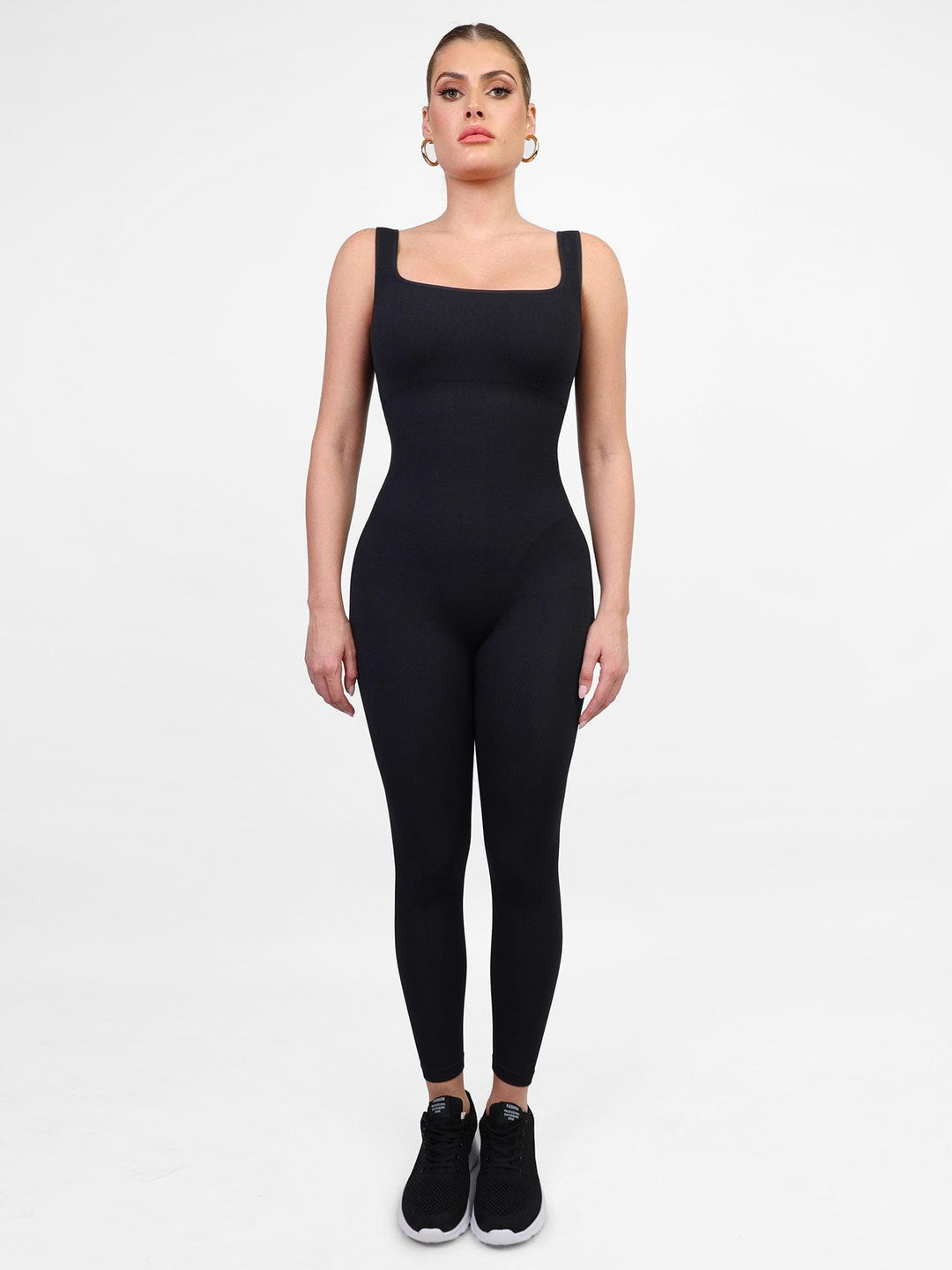 Black sport jumpsuit for women, featuring Popilush® and a comfortable square neck design.
