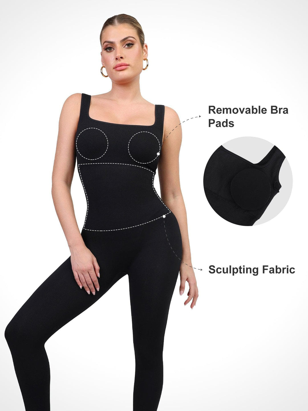 Popilush® activewear jumpsuit, showcasing square neck, sculpting, and comfort features.