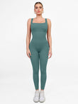 Teal sport jumpsuit with square neck by Popilush®, comfortable activewear.
