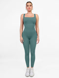 Teal sport jumpsuit with square neck by Popilush®, comfortable activewear.