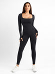 Black Popilush® jumpsuit with square neck and thumb holes