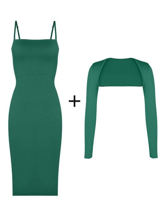 Popilush® Cooling Bodycon Summer Dress Set Dress+Long Sleeve Shrug / Green / S Bluetag Cooling Built-In Shapewear Tube Maxi Dress Or Shrug