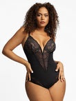Black deep-V lace shapewear bodysuit with built-in tummy control for a snatched waist.