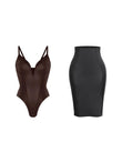 Shapewear leather set by Popilush®, Deep V bodysuit and skirt.