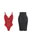 Black skirt with red bodysuit from Popilush®, shapewear fashion.