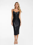 Black Popilush® faux leather midi dress with corset design, shapewear
