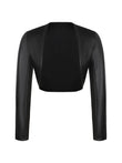Black faux leather cropped bolero jacket with long sleeves, part of a corset midi dress set.
