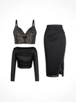 Black shapewear lace corset top with gold lace, ruched mesh long-sleeve, lace-trim split skirt.