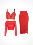 Red lace corset shapewear, mesh long-sleeve top, and split lace skirt set.