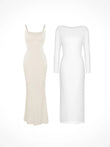 Shapewear dresses from Popilush®: Beige slip and white long sleeve options.