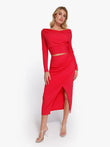Woman in red Popilush® set, an elegant outfit with shapewear design.
