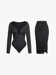 Popilush® black lace trim bodysuit and midi skirt shapewear set, elegant outfit.