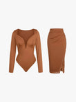 Popilush®'s elegant shapewear set: brown bodysuit and lace skirt.