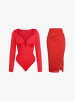 Popilush® red shapewear set: bodysuit and skirt, for women.