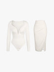 White shapewear midi skirt set by Popilush®, elegant outfit.