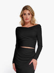 Popilush® black long-sleeve crop top, off-shoulder design, stylish wear.